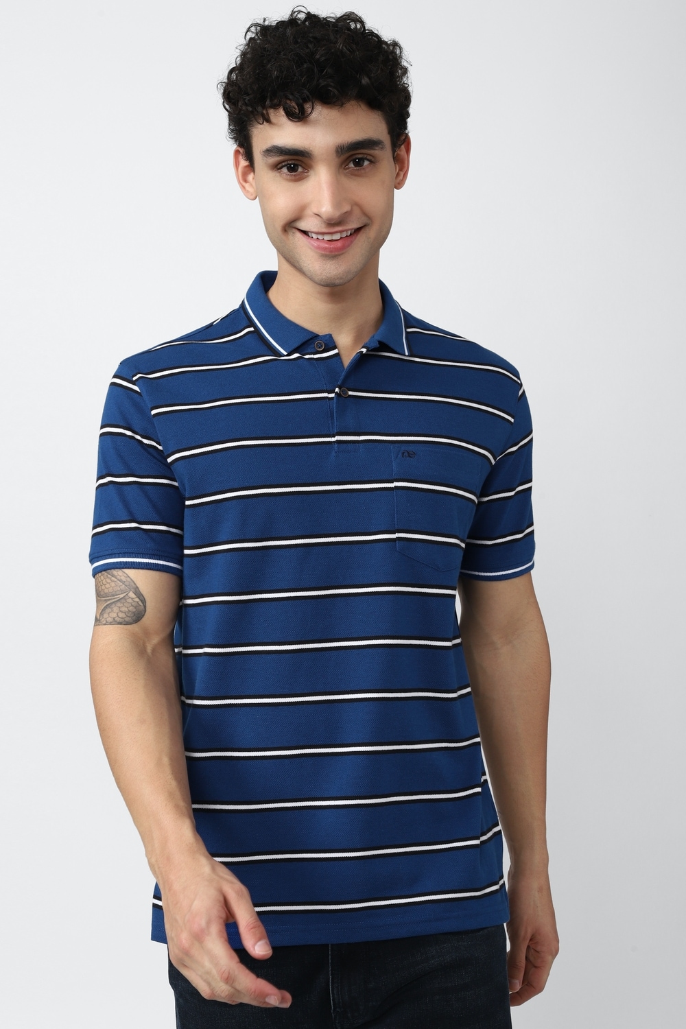 Men Blue Stripe Polo Neck Collar T-shirt